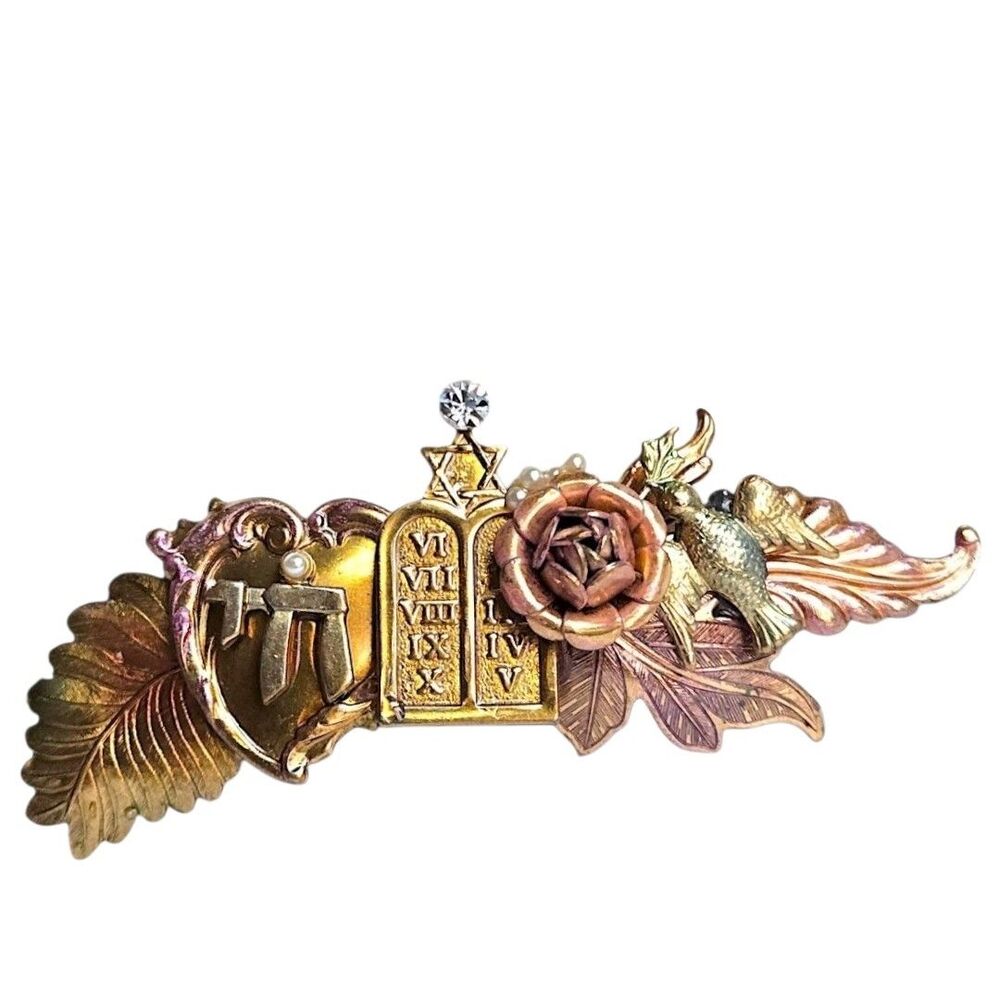 Jewish Symbols Brass Hair Barrette Chai Star of David Ten Commandments Judaica